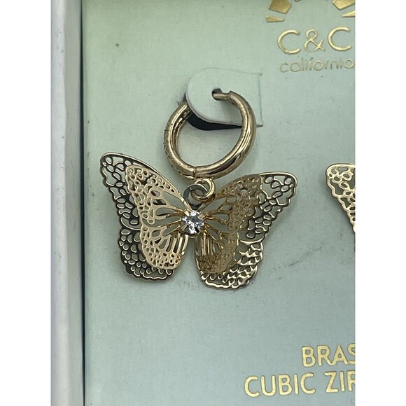 C & C California Gold Tone CZ 3D Dangle Butterfly Earrings New - Picture 3 of 7